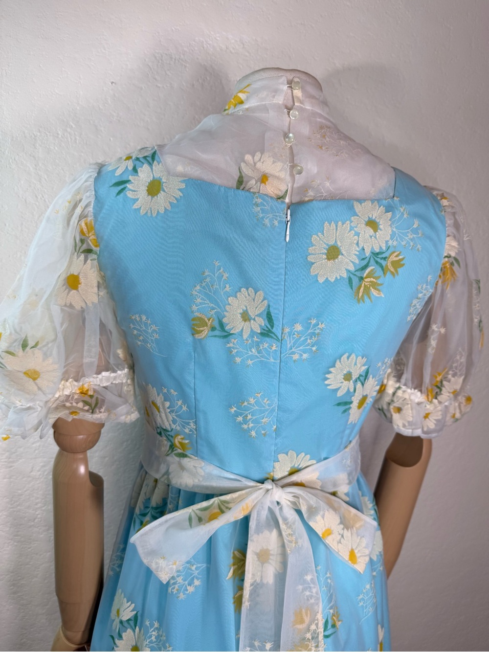 Vintage 60s Sky Blue Prairie Flocked Daisy Floral Ruffled Maxi Dress SMALL EUC - Picture 11 of 16